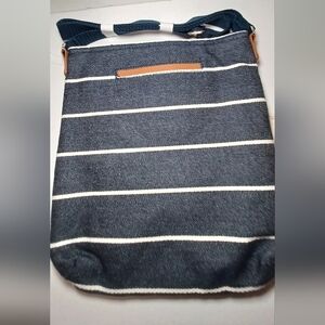 Thirty-One Organizing Shoulder Bag Stylish Blue White Striped Classic Day Bag